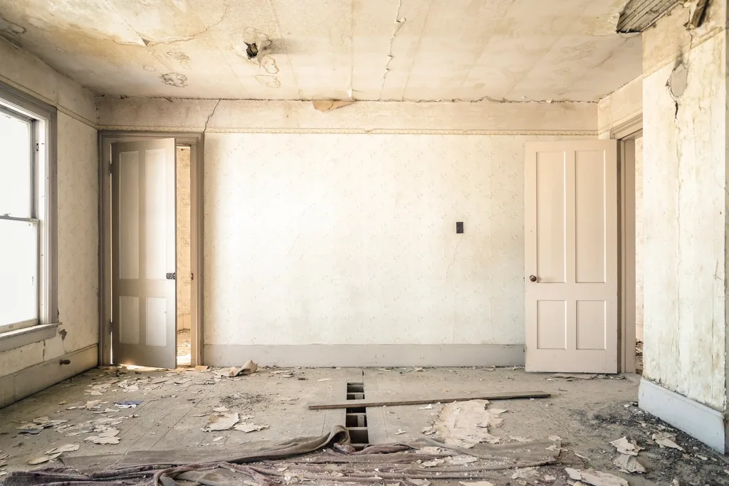Before: stripped room with damaged walls and floor